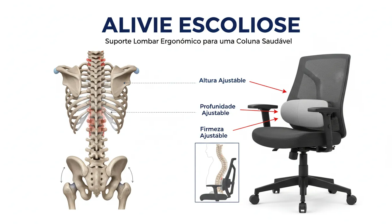Ilustração detalhada da coluna com escoliose ao lado de uma cadeira ergonômica para home office, mostrando como ajustar o suporte lombar para alívio.