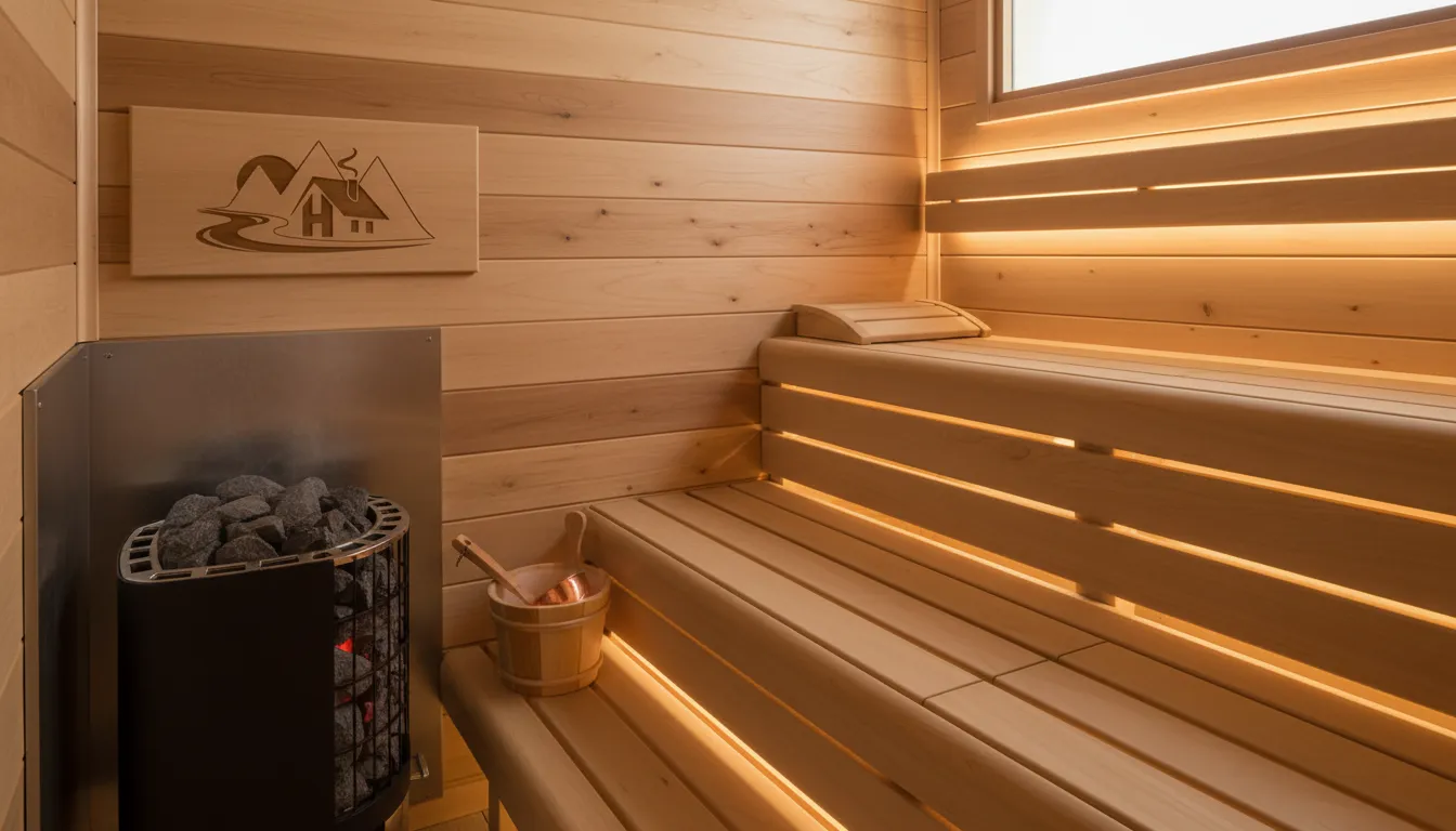 Detalhes internos de uma sauna residencial luxuosa, com painéis de madeira e iluminação suave para uma experiência relaxante.