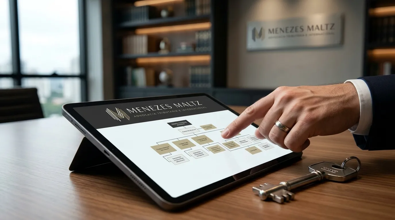 Gráficos de planejamento sucessório e holding patrimonial em tela de tablet corporativo.