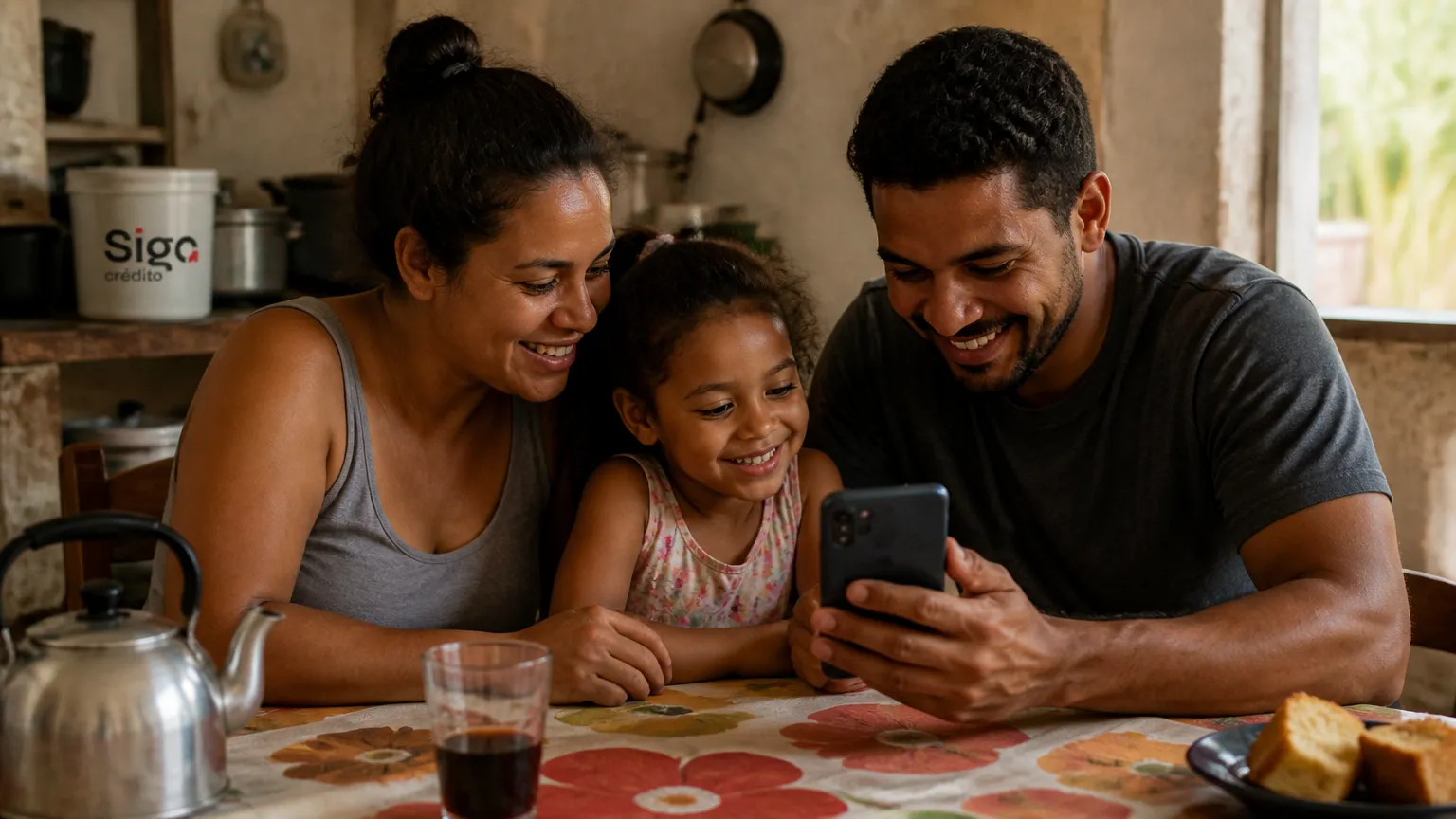 Família reunida comemorando segurança da reserva de emergência no celular.