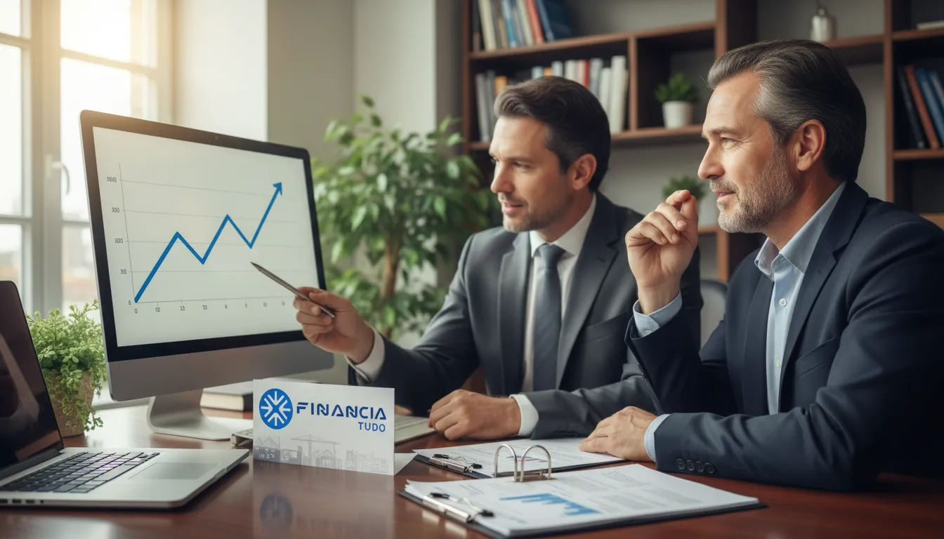 Consultor financeiro da Financia Tudo explicando opções de crédito para término de obra a cliente em ambiente profissional e confiável.