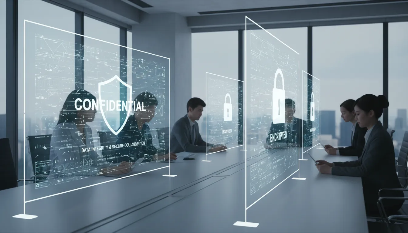 Profissionais em escritório utilizando dispositivos digitais e protegendo informações com criptografia e autenticação.