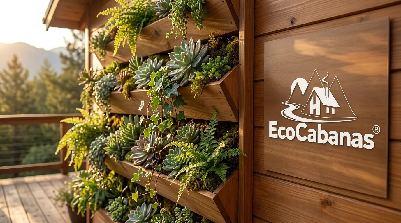 Detalhes de plantas e folhagens em um jardim vertical de cabana ecológica.