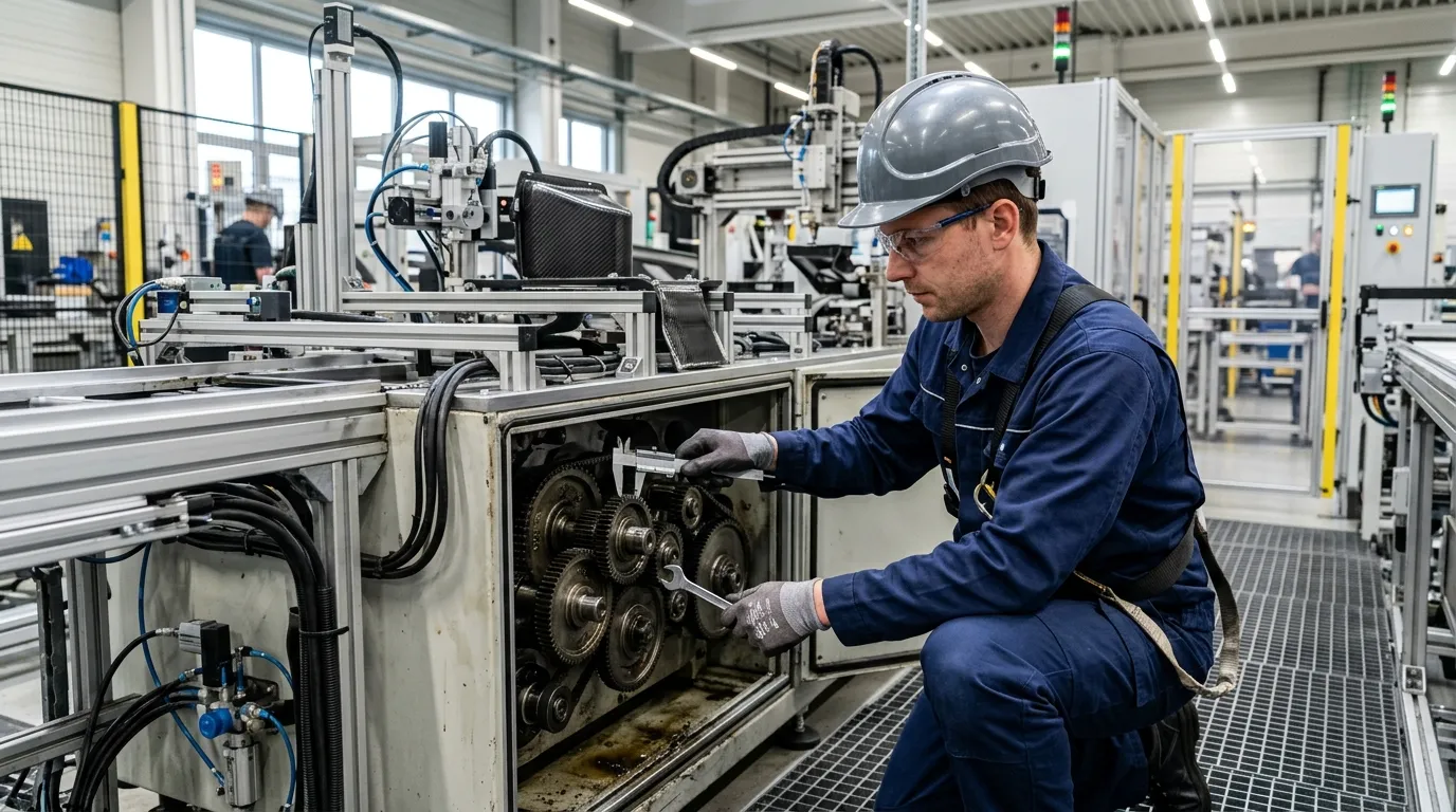 Especialista executando ajuste preventivo em esteira de manutenção industrial