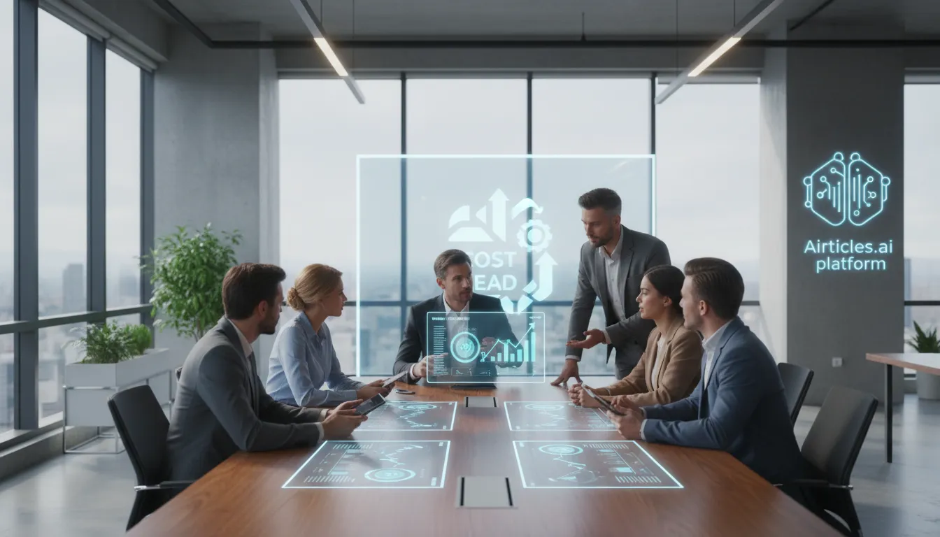 Escritório moderno com funcionários colaborando e revisando relatórios da Airticles.ai sobre redução de custos e a Calculadora de Custo.