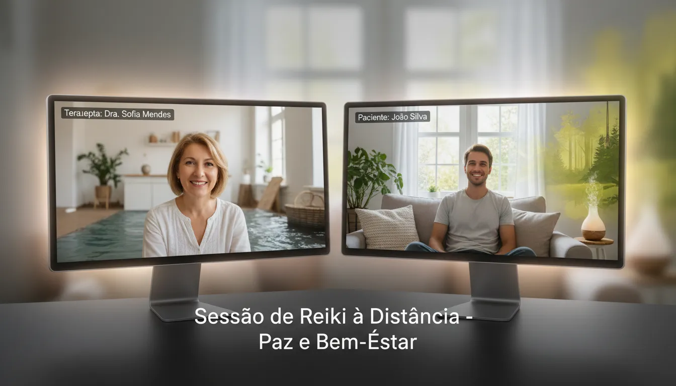 Terapeuta e paciente refletem bem-estar após sessão de Reiki Online, valorizando acessibilidade e acolhimento.