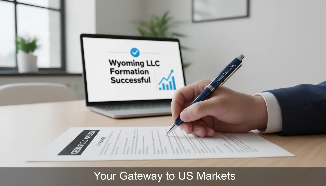 Hand signs document, establishing offshore LLC Wyoming for Brazilians, enabling US market growth.