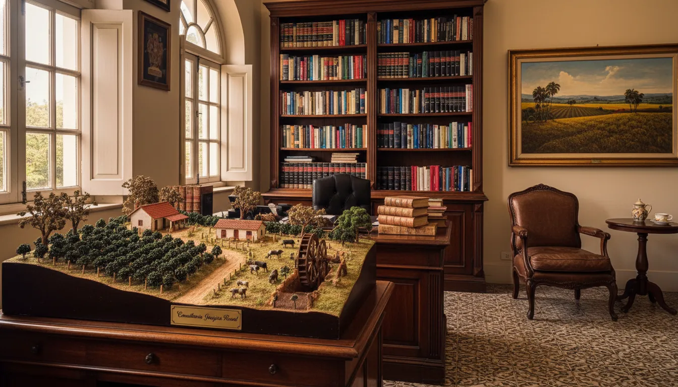 Escritório jurídico especializado com livros de direito e miniatura de fazenda representando consultoria rural