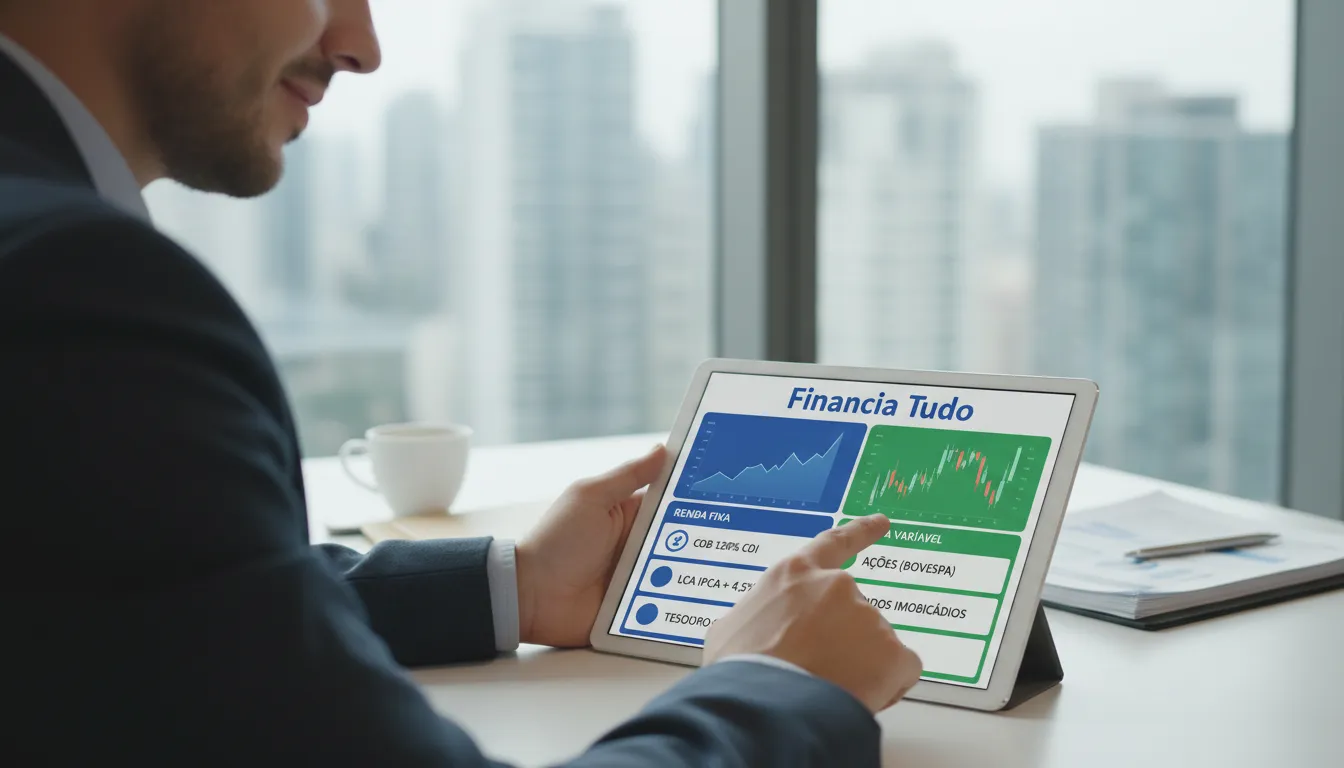 Investidor usando a plataforma Financia Tudo para escolher entre investimentos de renda fixa ou renda variável.