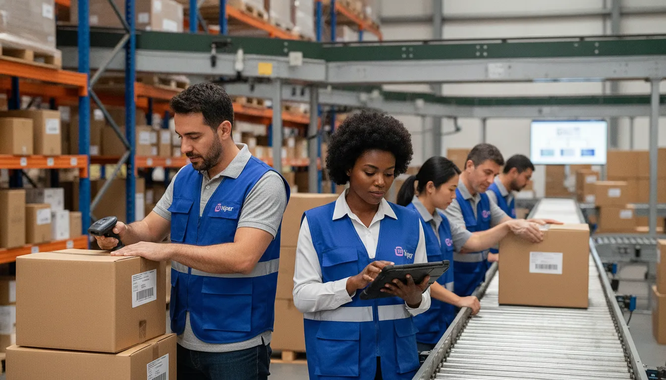 Equipe de armazém colabora usando tecnologia para preparar carga, otimizando o processo de romaneio.