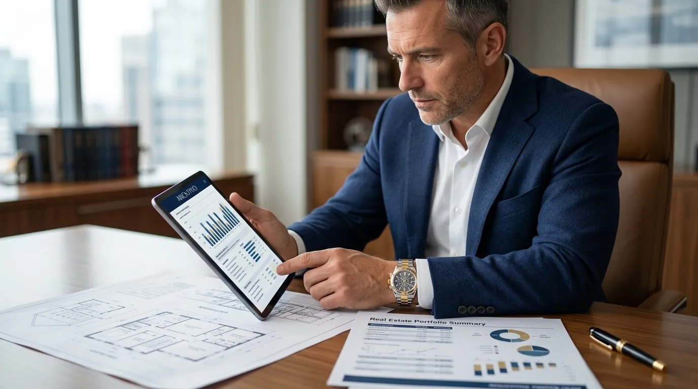 Empresário analisando documentos financeiros ao consultar declaração de imposto de renda e ativos imobiliários.