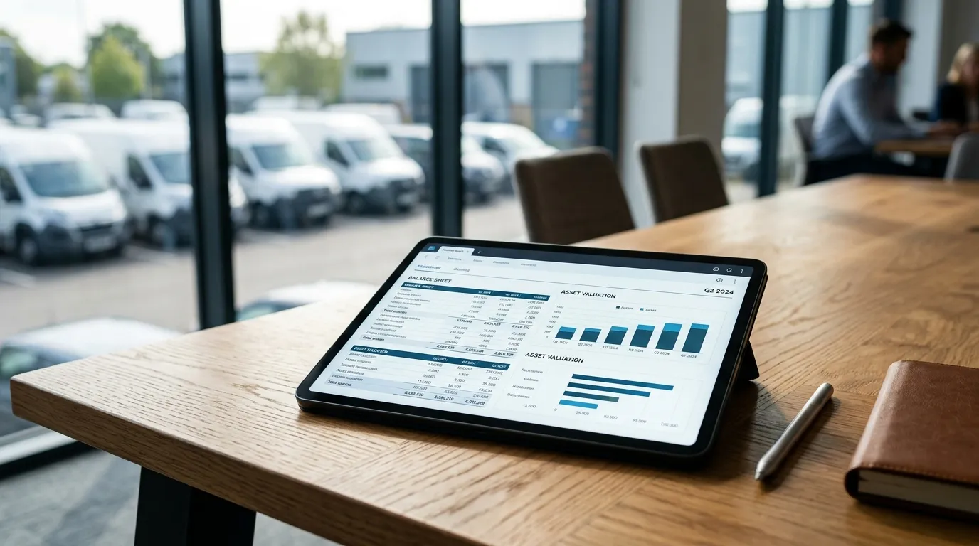 Tablet com relatório financeiro detalhando a valorização do patrimônio da transportadora sobre a mesa.
