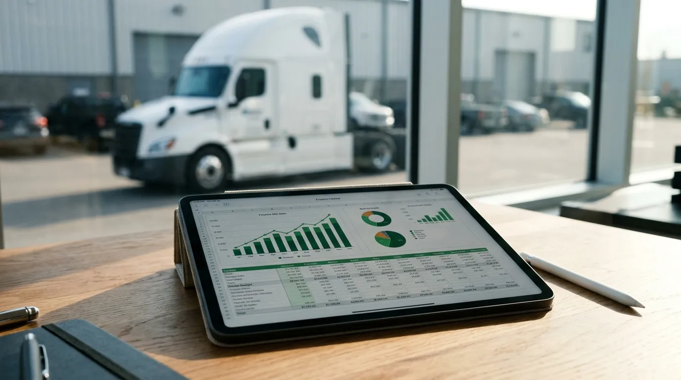 Planilha financeira em tablet detalhando orçamento de planejamento para renovação de frota empresarial.