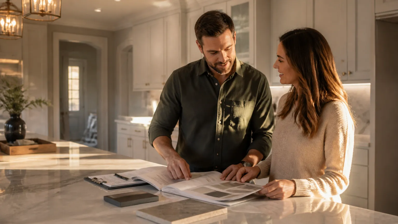 Casal organizando planilha de orçamento para terminar uma obra e finalizar acabamentos da casa.