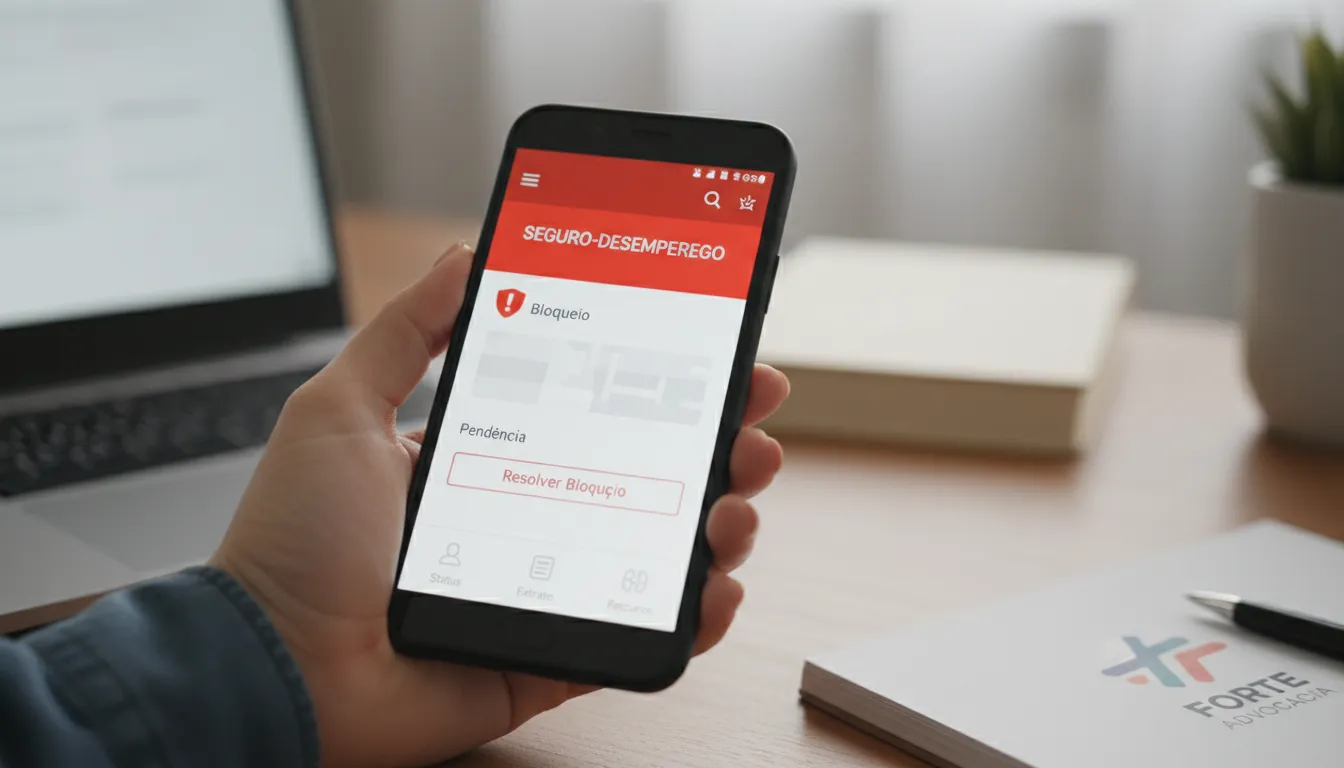 Tela de celular mostra bloqueio seguro desemprego, com opções para resolver pendências.