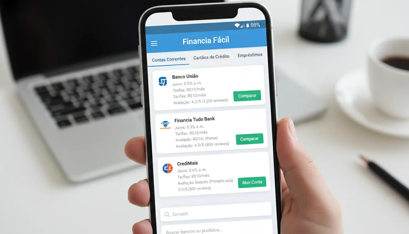 Close de um smartphone mostrando um app intuitivo comparando serviços bancários, destacando como escolher o melhor banco.