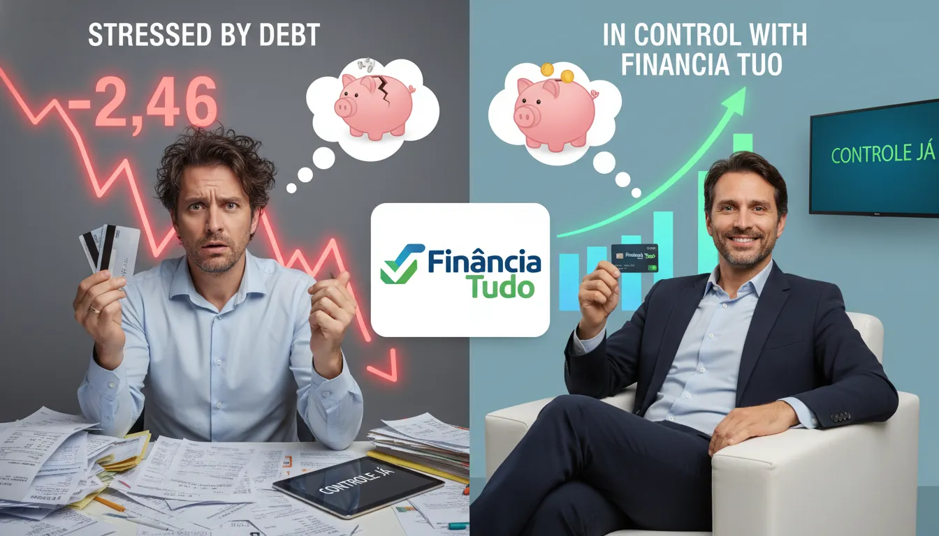 Comparativo entre o estresse da dívida do cartão de crédito e o alívio de ter o controle financeiro com a ajuda da Financia Tudo ao usar cartão de crédito.