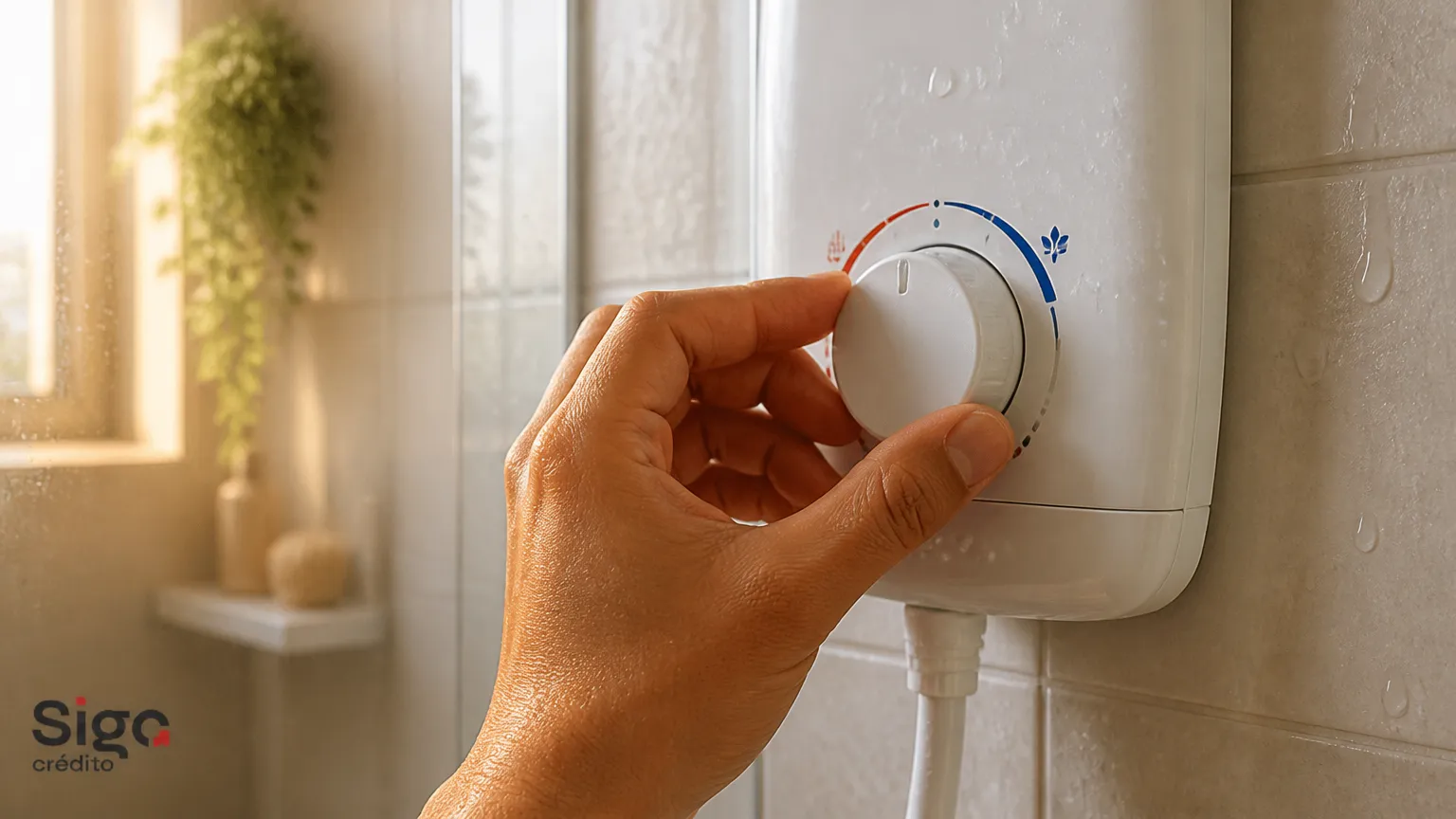 Mão ajustando chuveiro elétrico no modo econômico sabendo como economizar energia em casa.