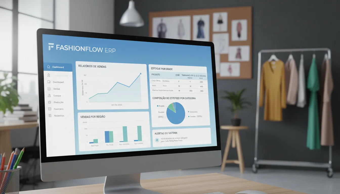 Tela de sistema ERP detalha estoque, vendas e controle por tamanhos e cores em loja de roupas.