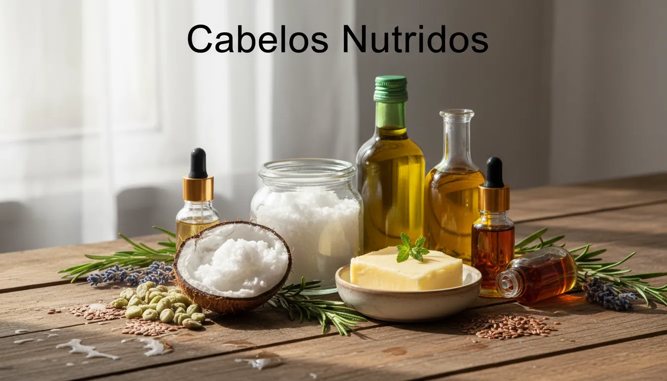 Close-up de óleos capilares e ingredientes naturais para umectação capilar, como óleo de coco e manteiga de karité, com iluminação suave.