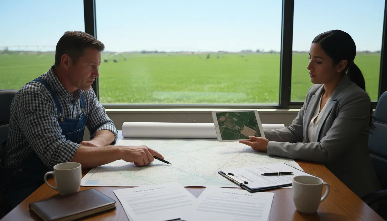 Reunião entre advogado agrário e produtor rural analisando documentos com campos verdes ao fundo.