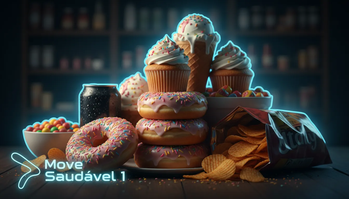 Alimentos processados e açucarados, representando os erros que impedem o emagrecimento e sabotam a dieta.