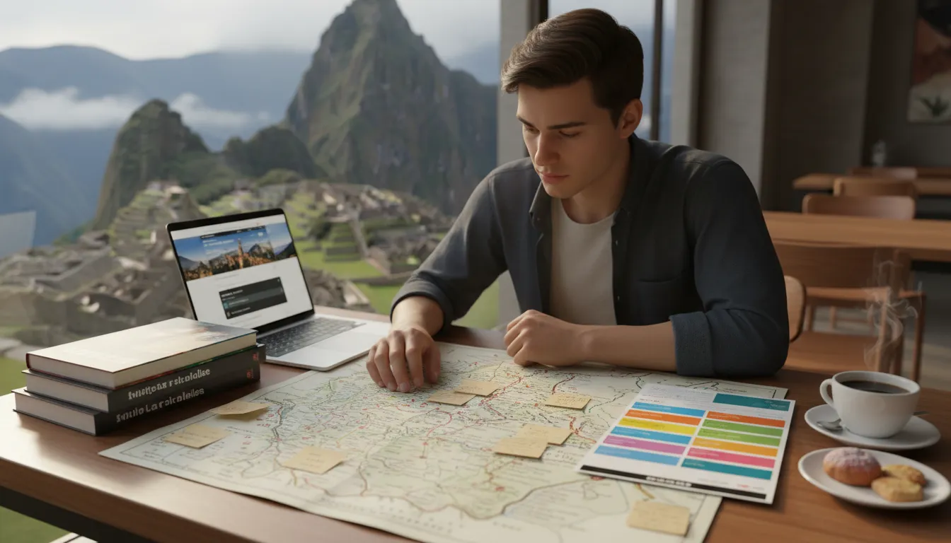 Viajante planejando a jornada para Machu Picchu, olhando um mapa e roteiro detalhado, com guias e laptop.