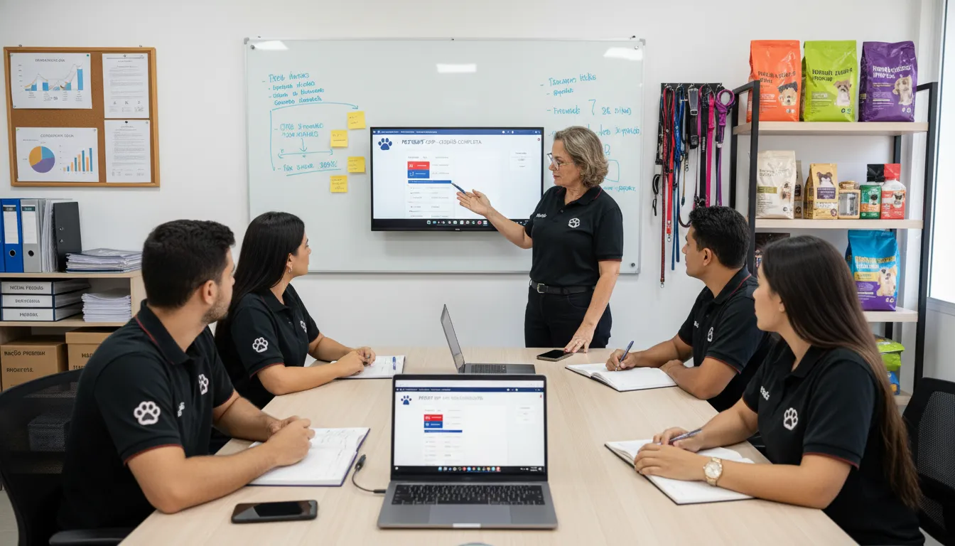 Time de petshop em treinamento sobre ERP, notas, gráficos financeiros e estoque integrados ao fundo.