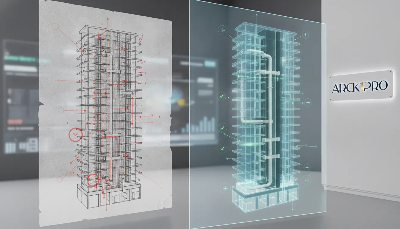 Comparativo: projeto tradicional com falhas versus viabilidade BIM incorporação imobiliária otimizada, sem conflitos.