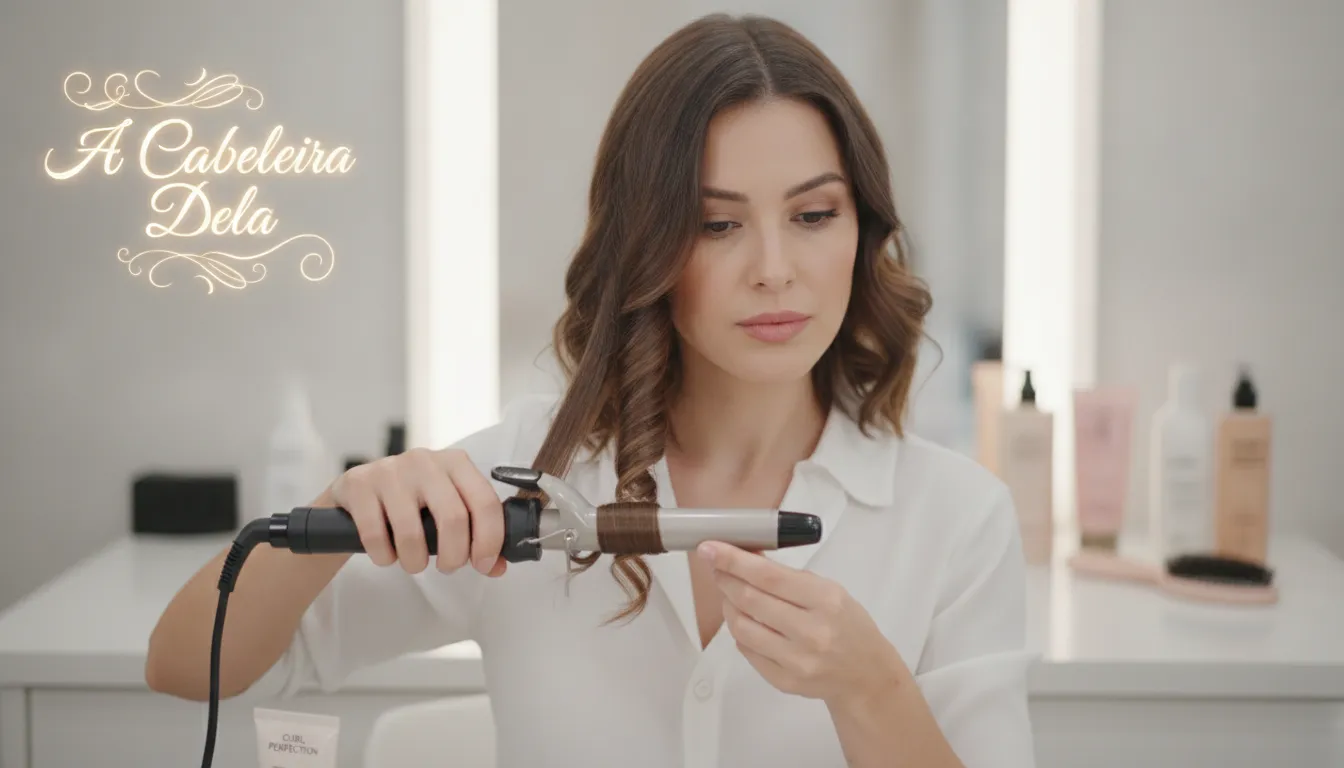 Mulher cacheando cabelo com babyliss, mostrando como usar chapinha sem danificar, em ambiente de autocuidado.