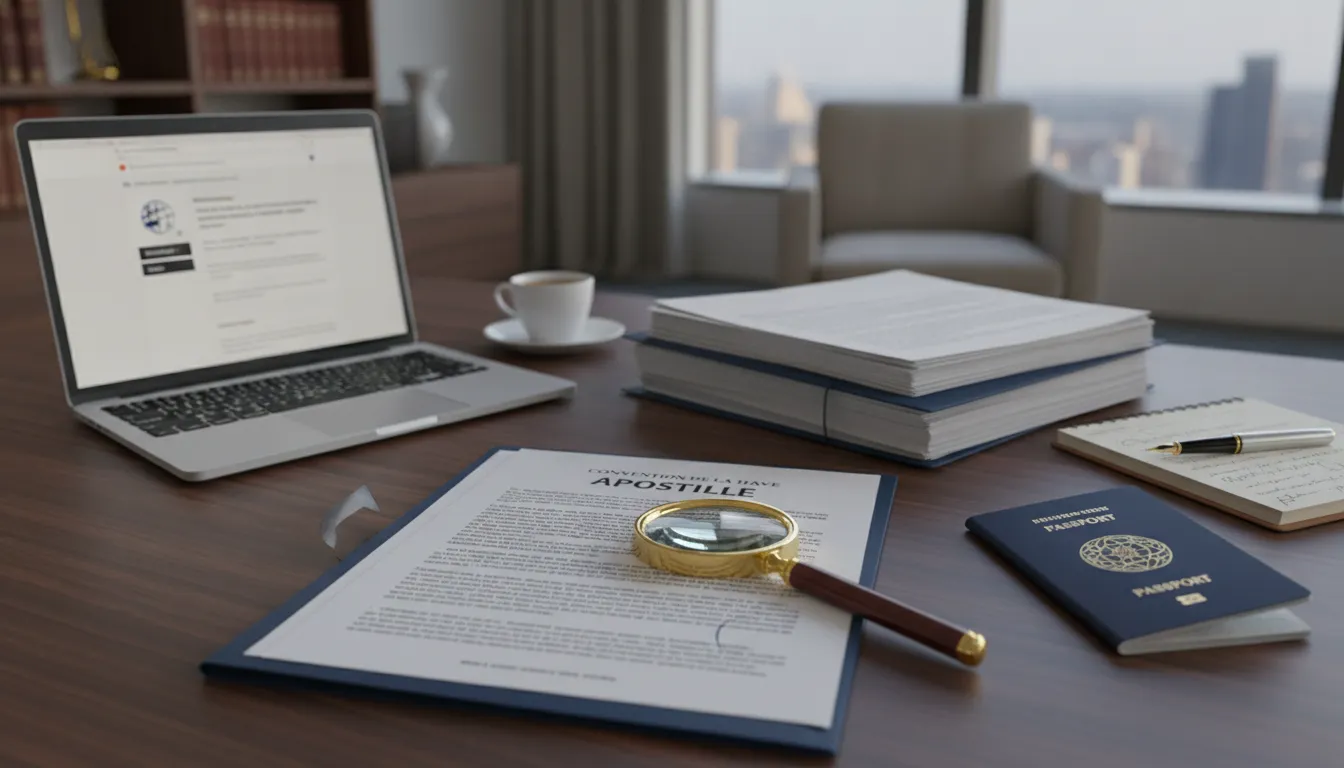 Organized desk with legal documents, laptop, and passport, highlighting expert guidance on apostilamento de haia.