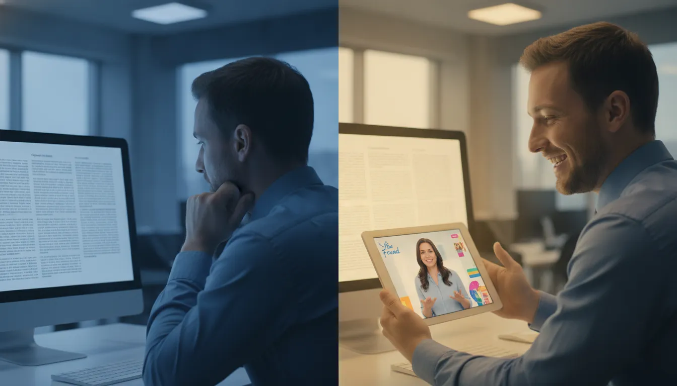 Funcionário engajado assiste vídeo corporativo, contrastando com comunicado frio, melhorando comunicação.
