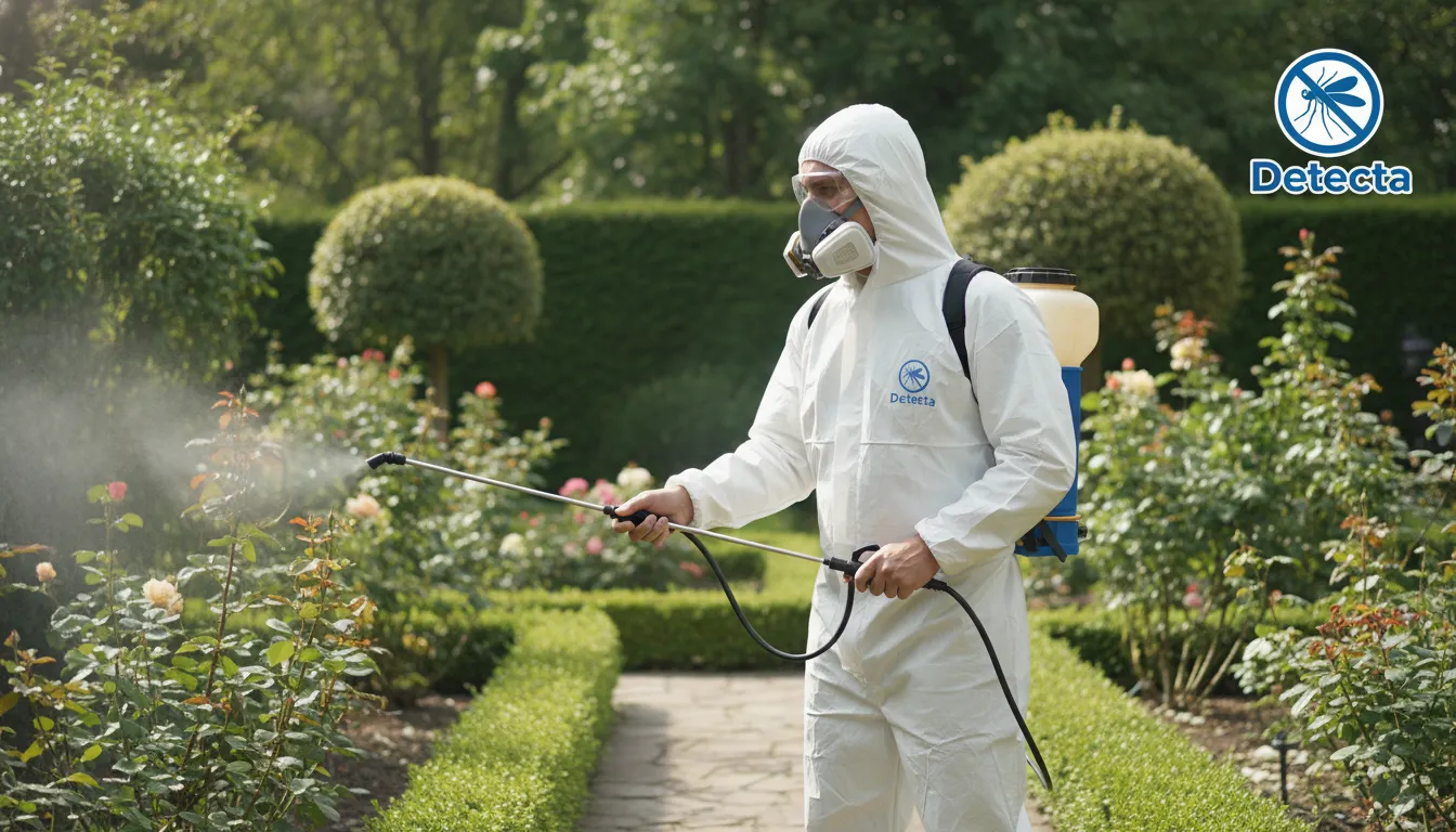 Pessoa aplicando inseticida no quintal para o controle de mosquitos, com a marca Detecta, especialista no assunto em destaque.