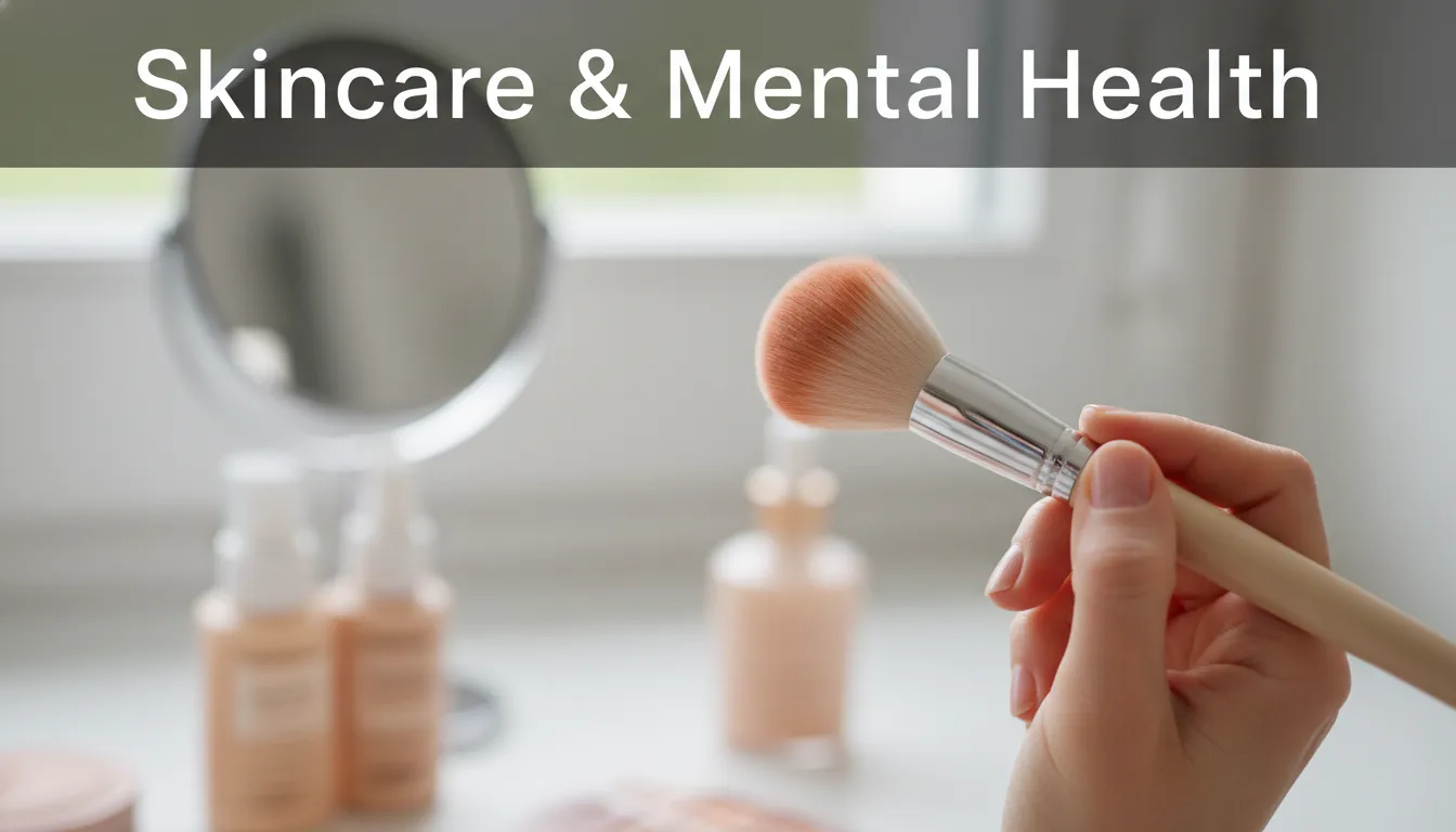 Detalhe da aplicação cuidadosa de maquiagem, ilustrando como a rotina de skincare pode ser um ato de autocuidado e contribuir para a saúde mental.