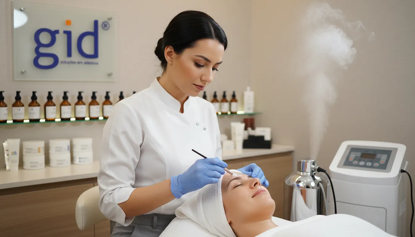 Esteticista realizando tratamento facial em clínica. Foco na precisão e cuidado, com produtos de alta qualidade. Adesivo GID.