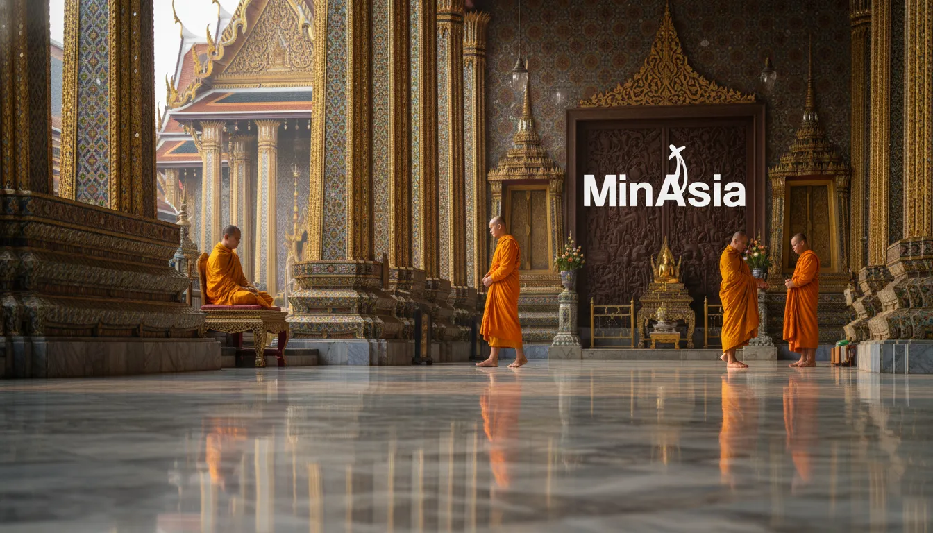 Interior majestoso Grande Palácio Templo Buda Esmeralda em Bangkok, Tailândia, manhã calma.