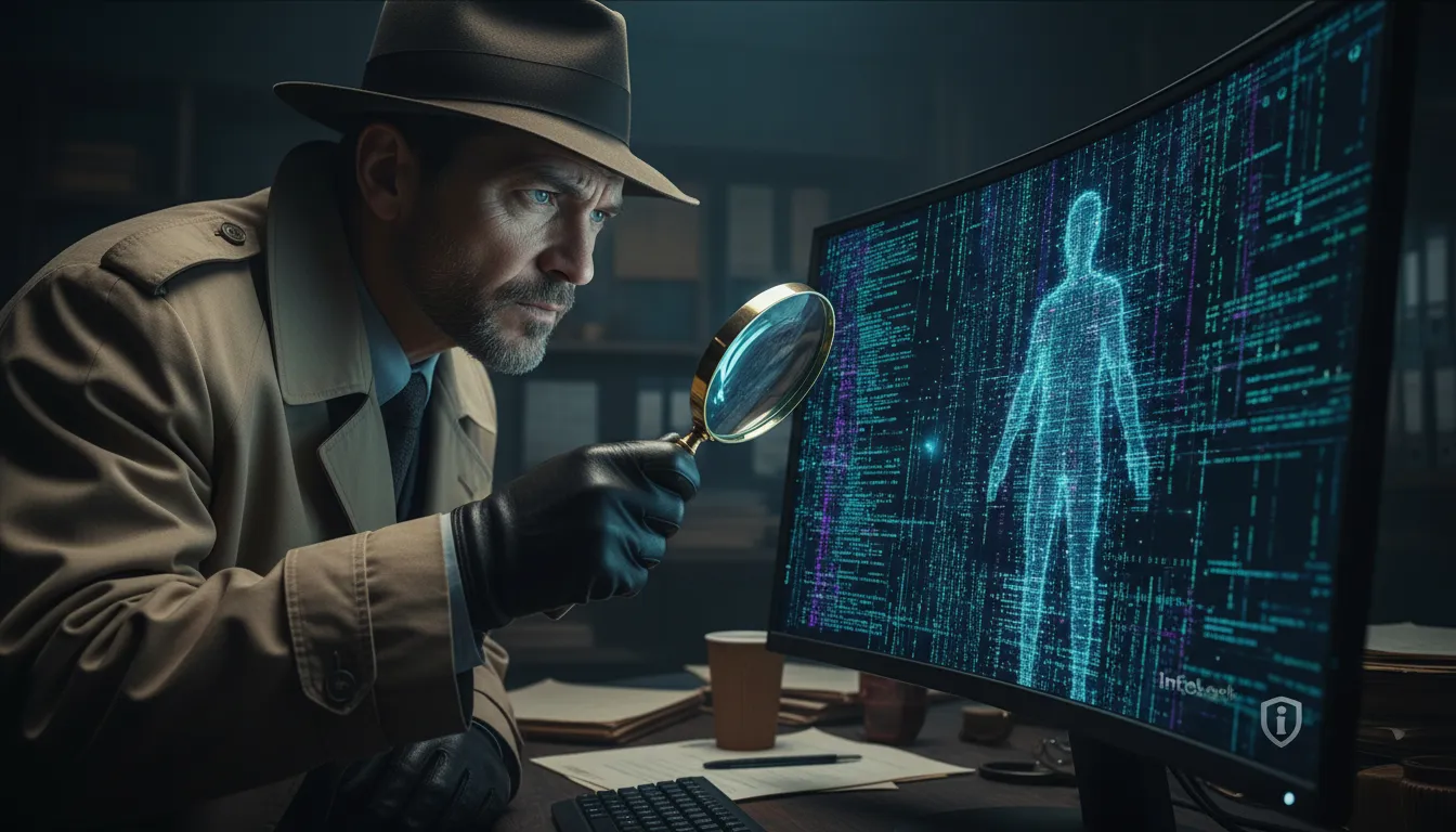 Detetive digital buscando ativamente por 'identidades fantasmas' em códigos complexos, essencial para eliminar ghost identities.