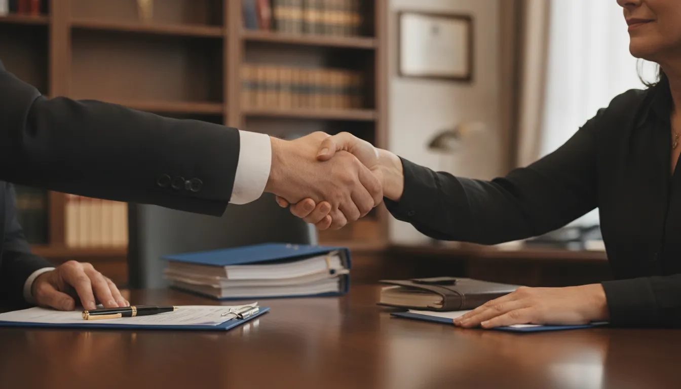 Advogado em Avaré cumprimenta cliente, simbolizando confiança e resolução em caso de plano de saúde.