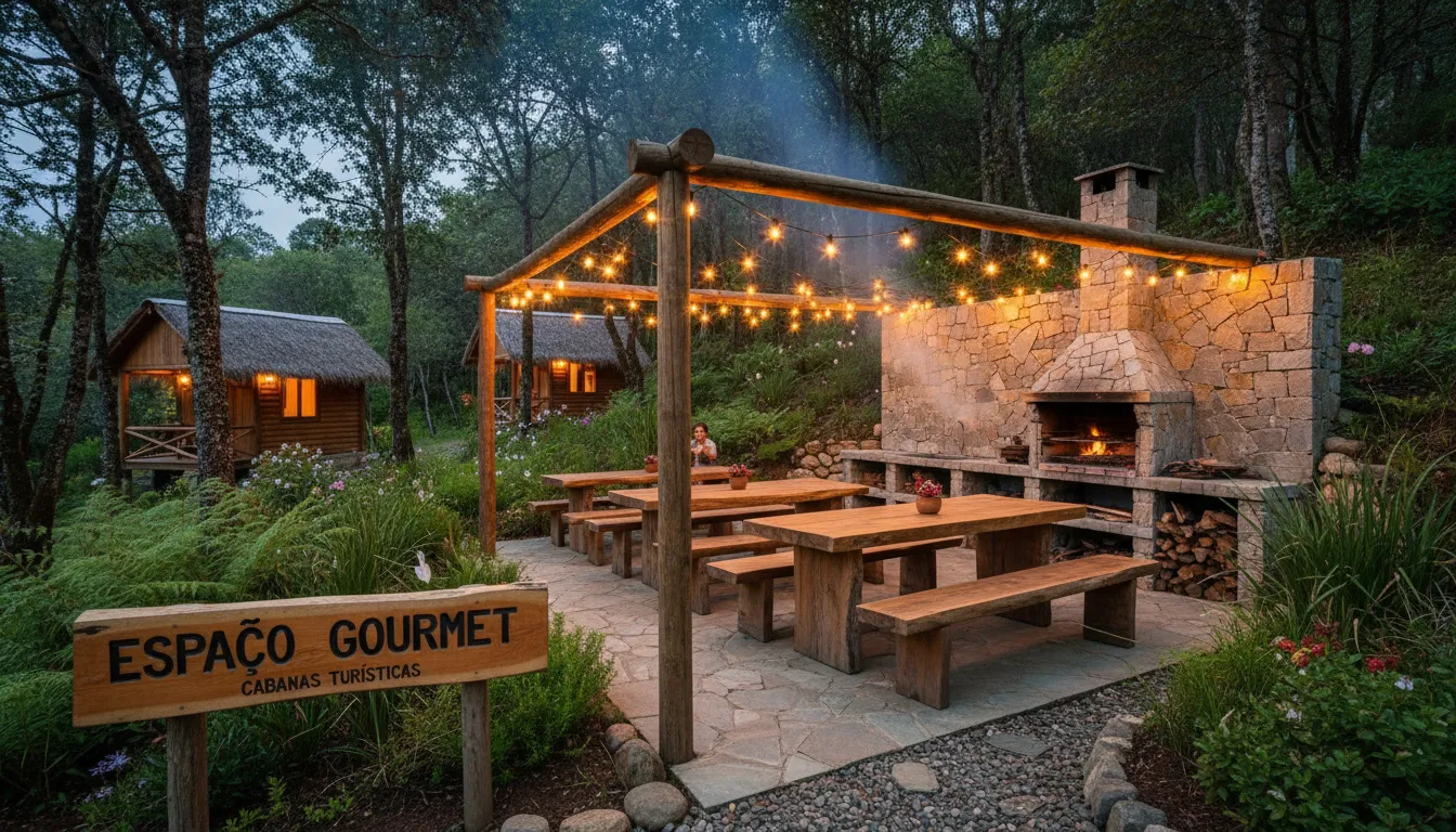 Espaço gourmet ao ar livre em cabanas, com churrasqueira e mesas rústicas cercado por árvores e paisagismo.