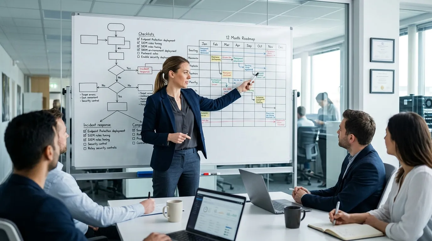 Equipe analisa cronograma de segurança para entender quanto tempo para certificar em ISO 27001 é necessário.