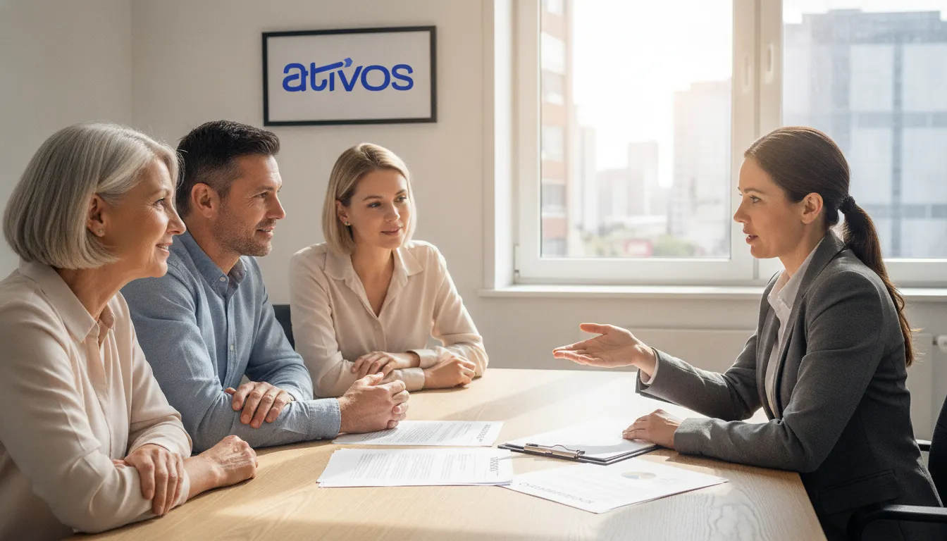Advogado especialista em precatórios explicando documentos a clientes, mostrando clareza e atendimento.