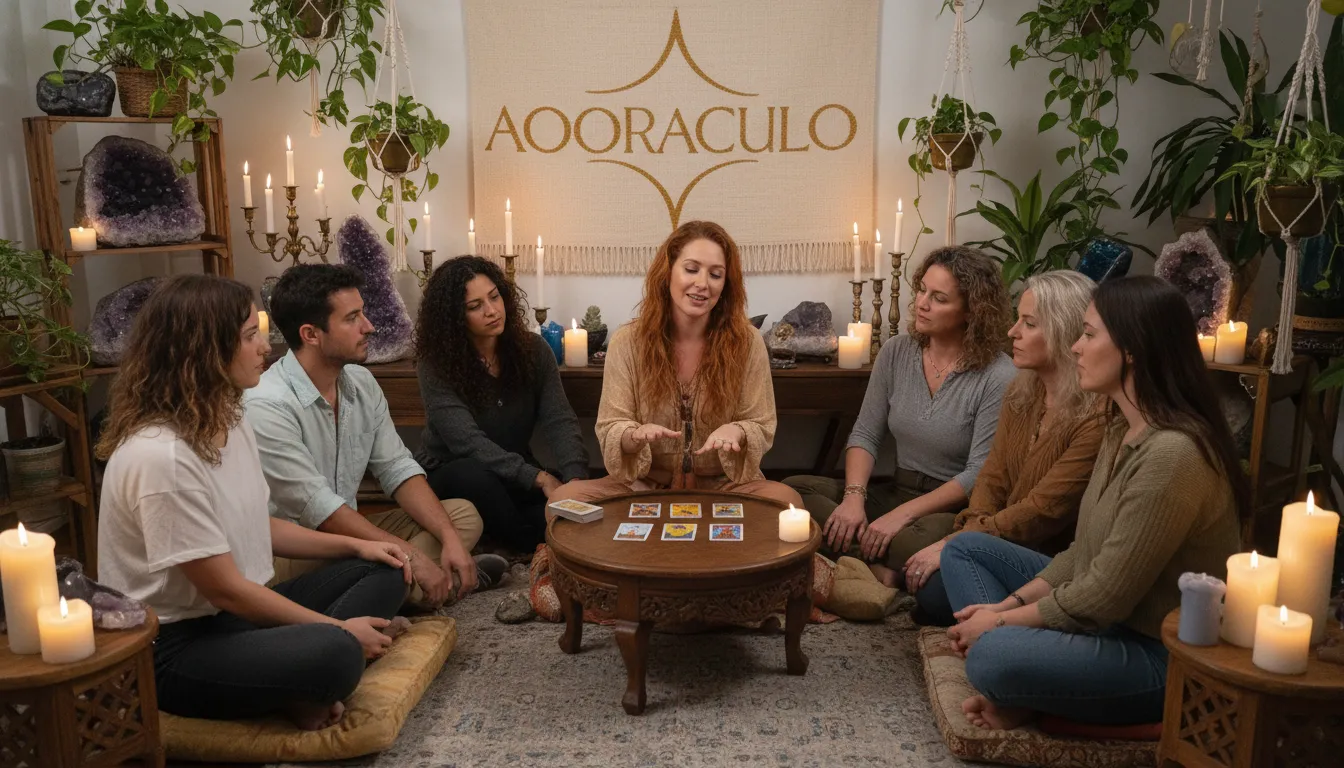 5 Dicas de Como o Tarot pode revolucionar sua vida pessoal, Descubra! Pessoas reunidas em círculo para leitura de tarot, buscando no tarot revolucionar vida pessoal com a orientação do Aooraculo, em ambiente místico.