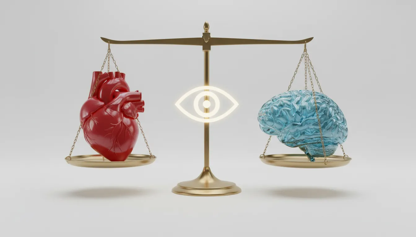 Balança equilibrada com um coração e um cérebro, representando a importância do autoconhecimento para equilibrar emoções e intelecto.