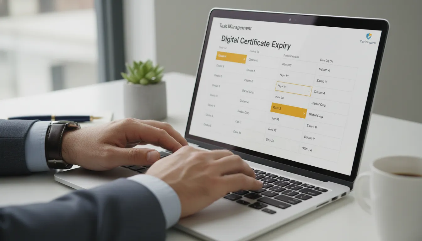 Mãos colaboram em software de gestão, acompanhando vencimento certificado digital de múltiplos clientes eficientemente.