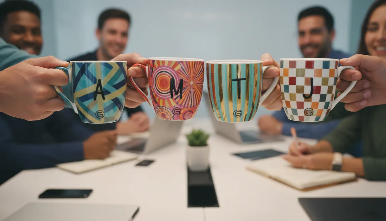 Equipe em reunião segurando diversas canecas personalizadas, destacando identidade visual e integração.