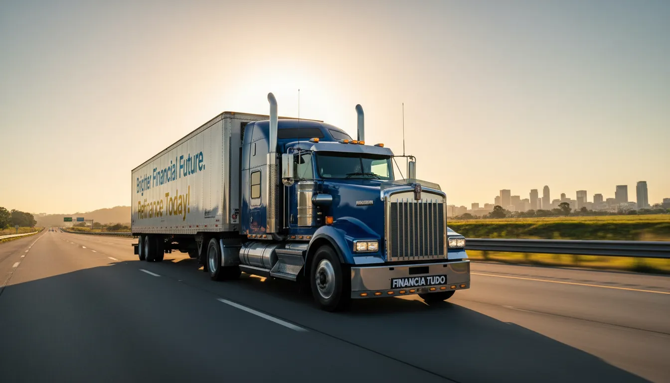 Caminhão em uma rodovia ensolarada, simbolizando um futuro financeiro melhor após o refinanciamento de caminhão para pagar dívidas com a Financia Tudo.
