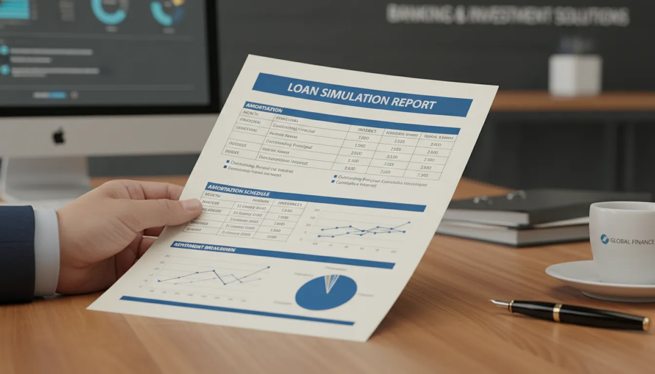 Relatório impresso de simulação de crédito com tabelas visíveis, em destaque em mesa de trabalho.