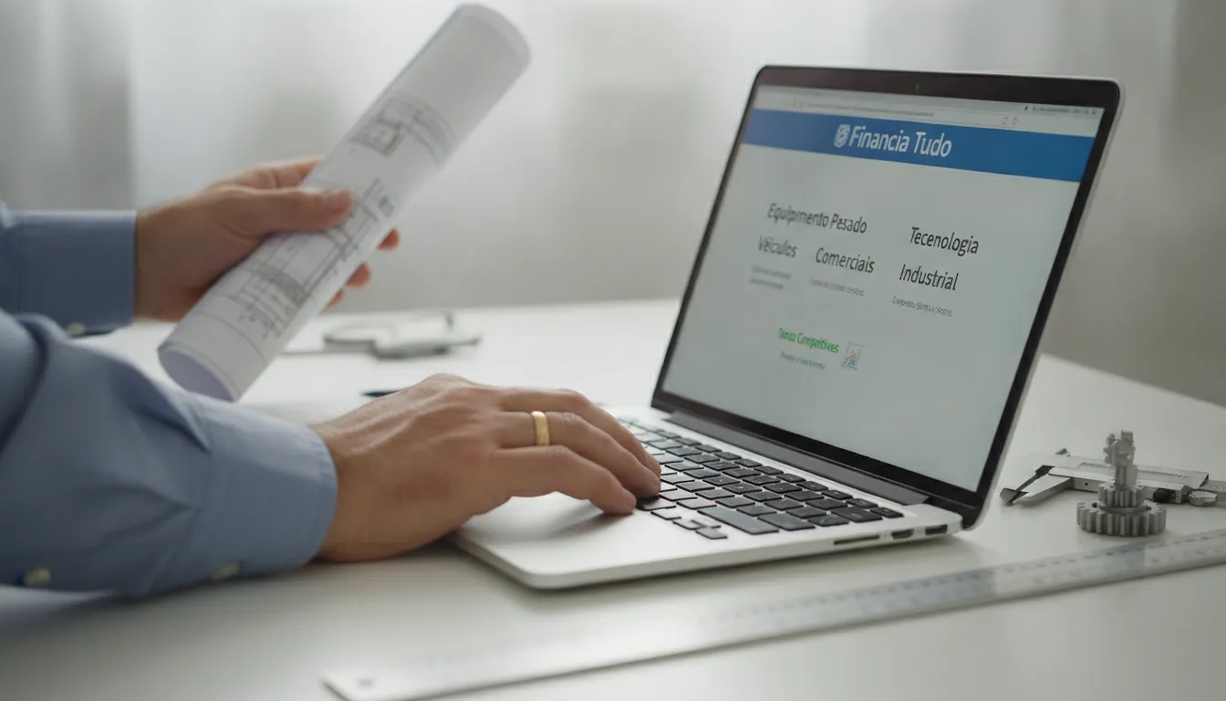 Mãos de engenheiro usando laptop com Financia Tudo para crédito para engenheiros e financiamento de equipamentos.