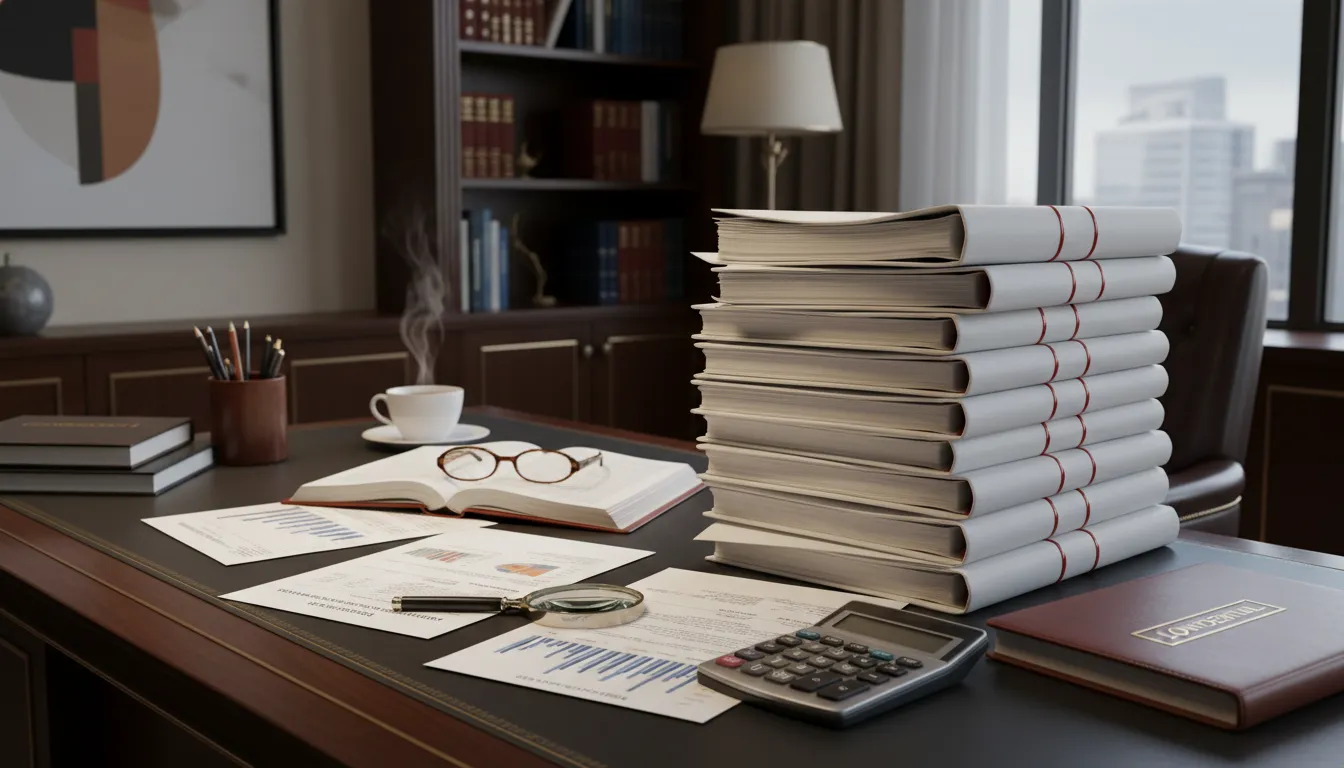 Mesa de escritório jurídico com contratos e calculadora, destacando renegociação de dívidas.