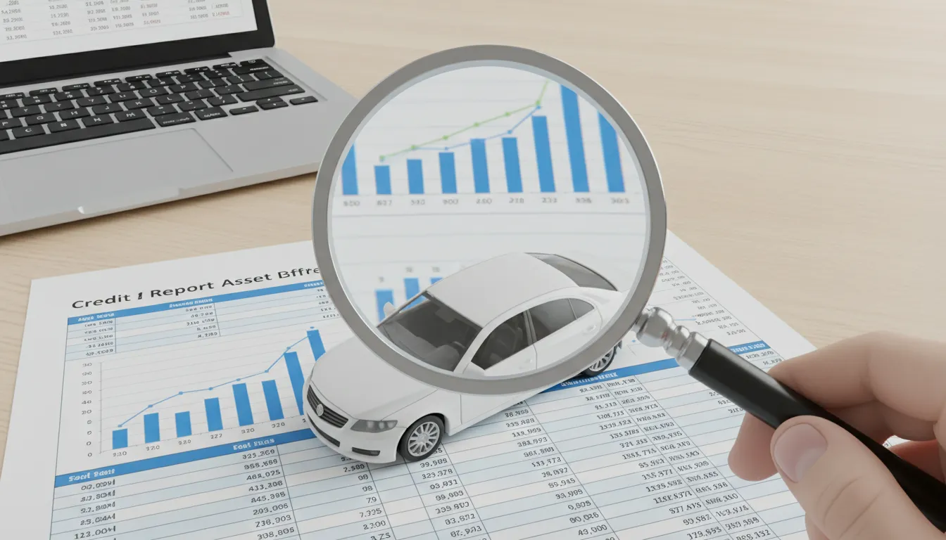 Veículo empresa miniatura sobre relatório financeiro, análise de garantia de crédito.